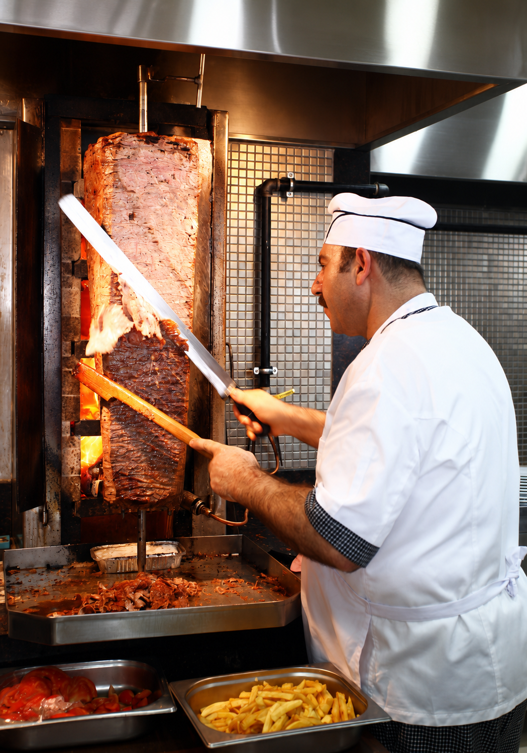 Chef hand-carving fresh halal döner from the vertical rotisserie